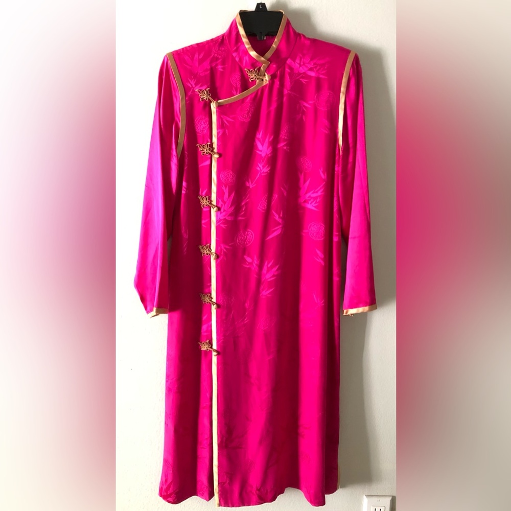 Pink Silk Mandarin Collar Midi Dress Asian Y2K Toggle Floral